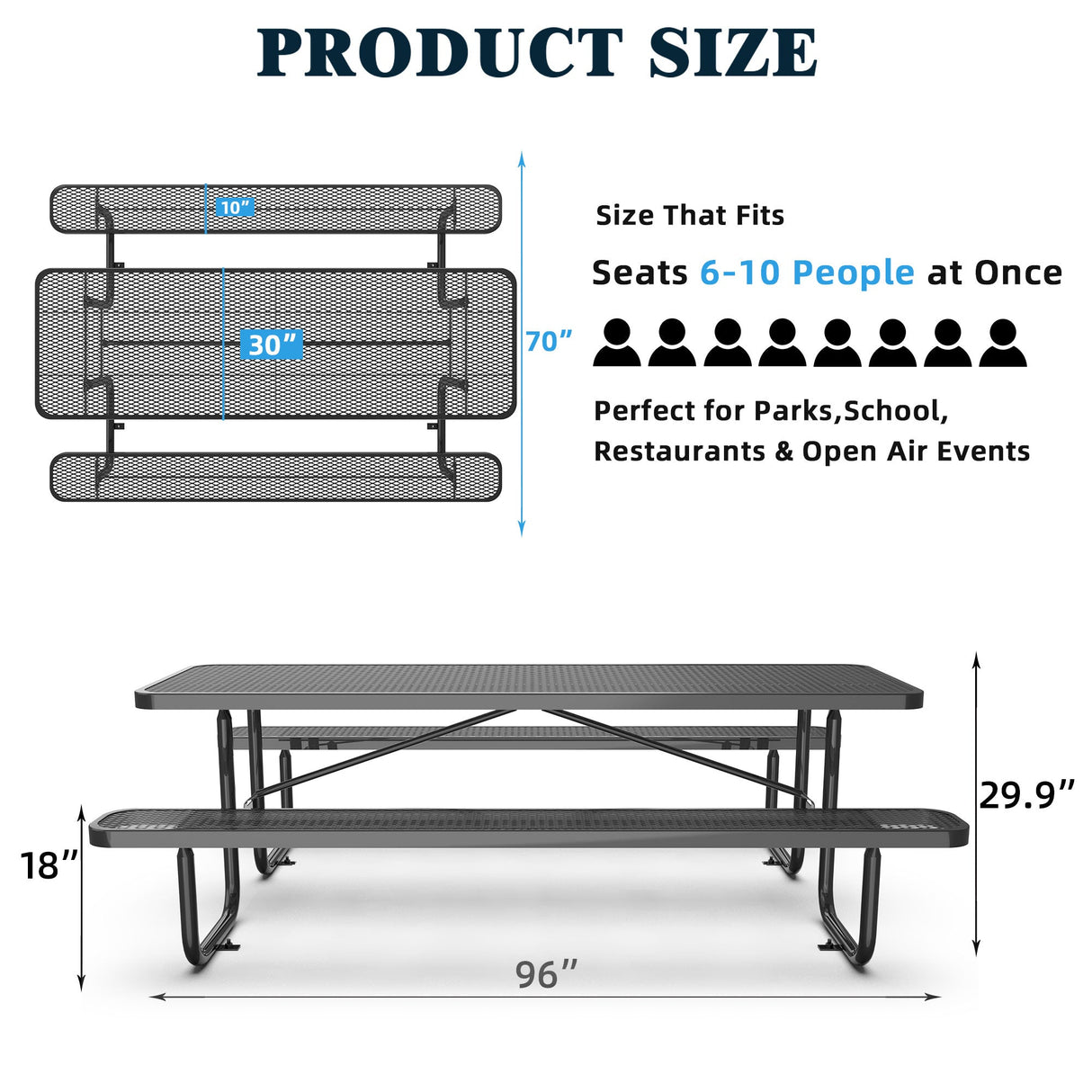 Chery Industrial 8 ft Metal Picnic Tables for Outdoors, Rectangle Coated Steel Patio Furniture Set