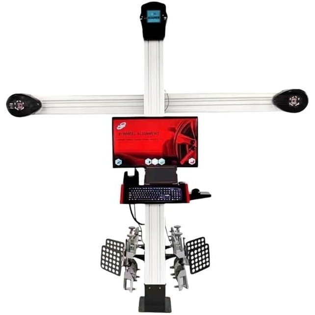 A comprehensive product view of the Katool KT-AV6 3D Wheel Aligner. The mobile unit stands on a white bakground with its horizontal camera bar, vertical support pole, red computer screen, and four wheel targets, all ready for use.