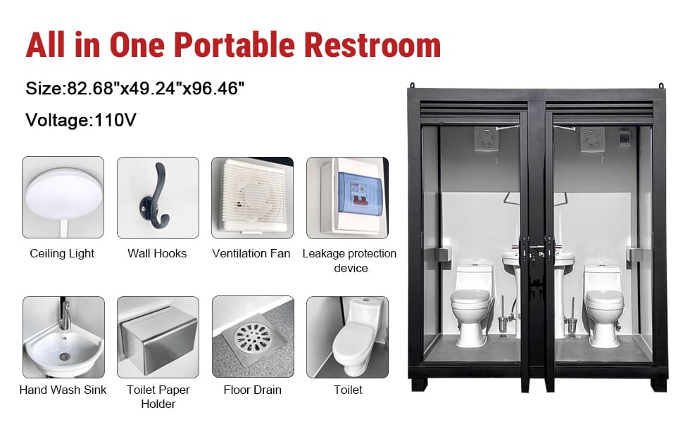Two‑Person Portable Toilet Cabin Outdoor Restroom with Light, Sink & Vent Fan