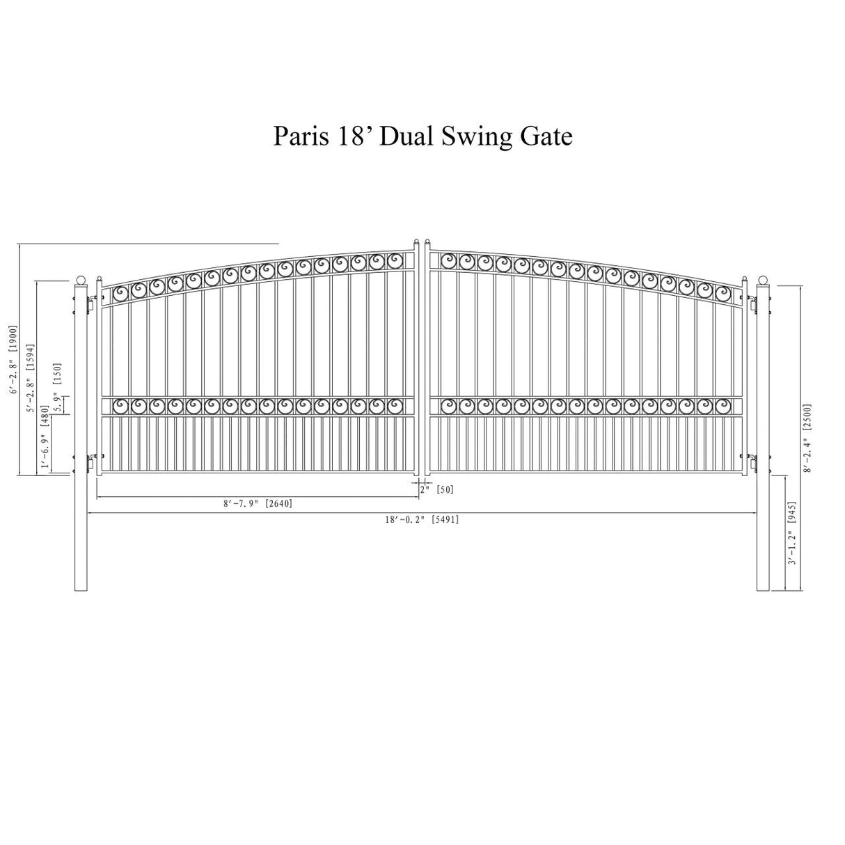 Chery Industrial 18’ x 6’ Steel Dual Swing Driveway Gate Paris‑Style
