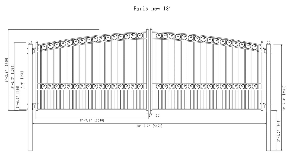 Chery Industrial 18’ x 6’ Steel Dual Swing Driveway Gate Paris‑Style