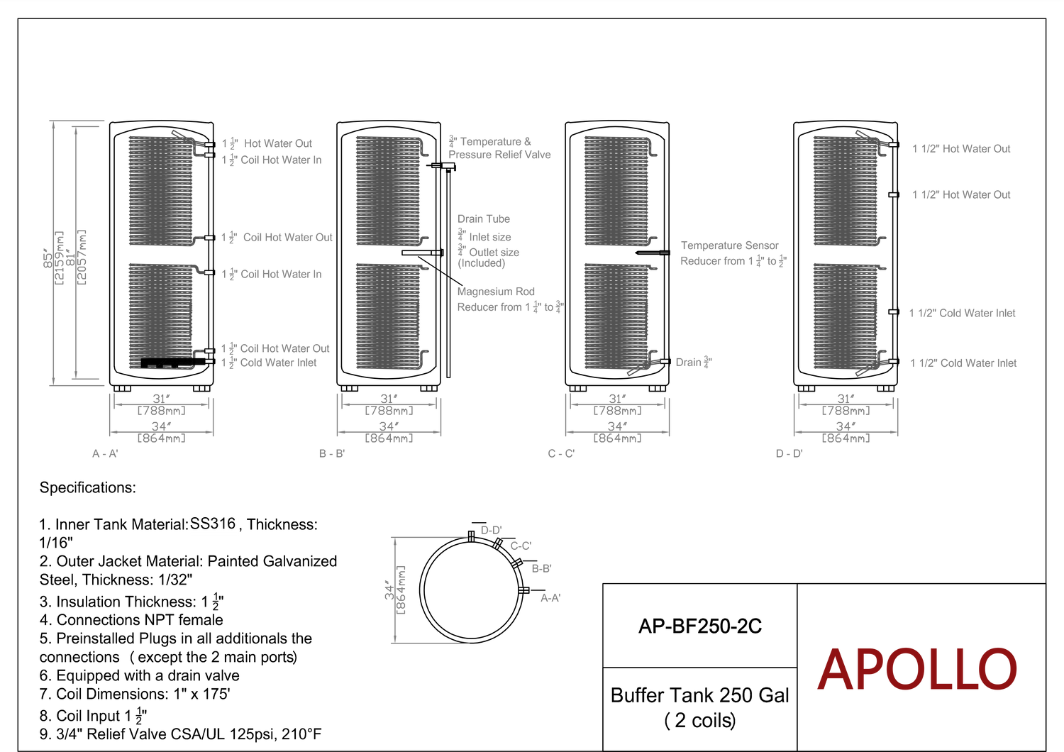 APOLLO Stainless Buffer Tank - 175/250gal