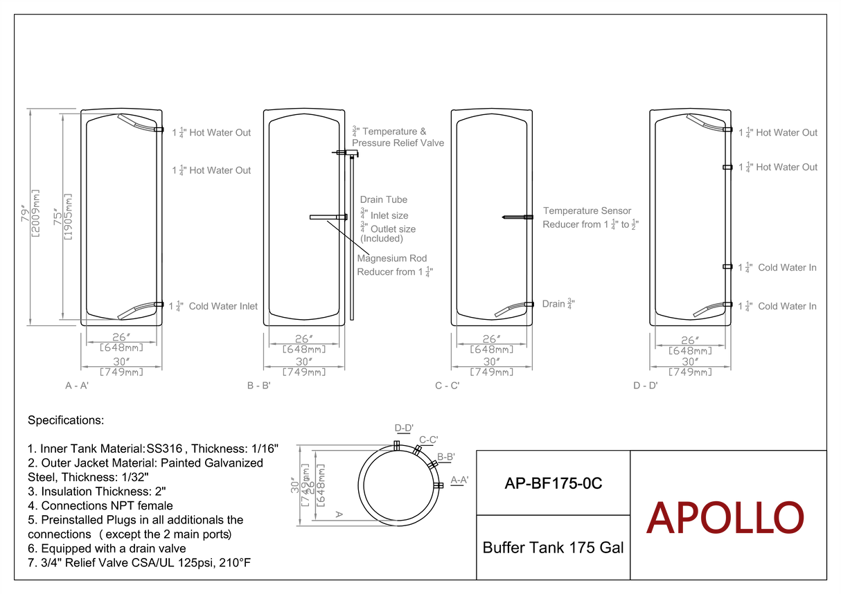 APOLLO Stainless Buffer Tank - 175/250gal