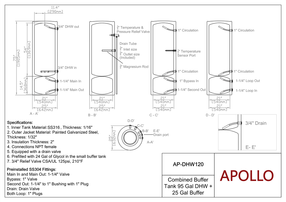 APOLLO DHW120 MAX - Stainless Combined Indirect Water Heater Tank