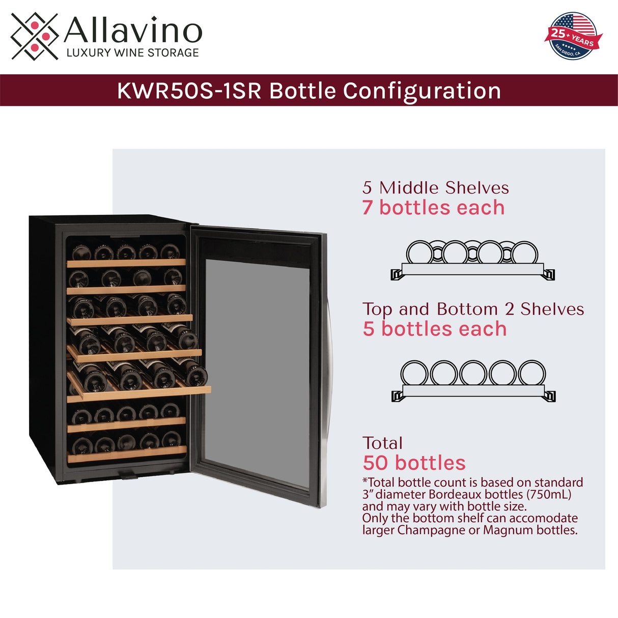 Allavino Cascina Series 50 Bottle Single Zone Freestanding Wine Cooler Refrigerator with Stainless Steel Door Right Hinge KWR50S-1SR
