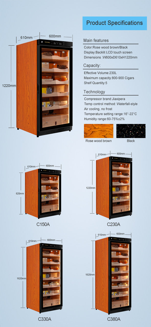 Raching C230A Electronic Humidor Cabinet Black With Canada Cedar Shelves | 900 Cigars