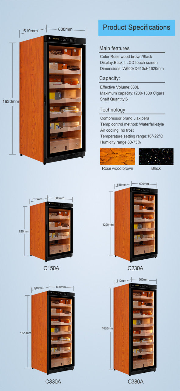 Raching C330A Electronic Humidor Cabinet Black With Canadian Cedar Shelves | 1300 Cigars