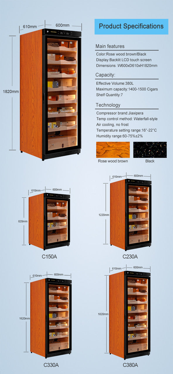 Raching C380A Electronic Humidor Cabinet Black With Canadian Cedar Shelves | 1500 Cigars