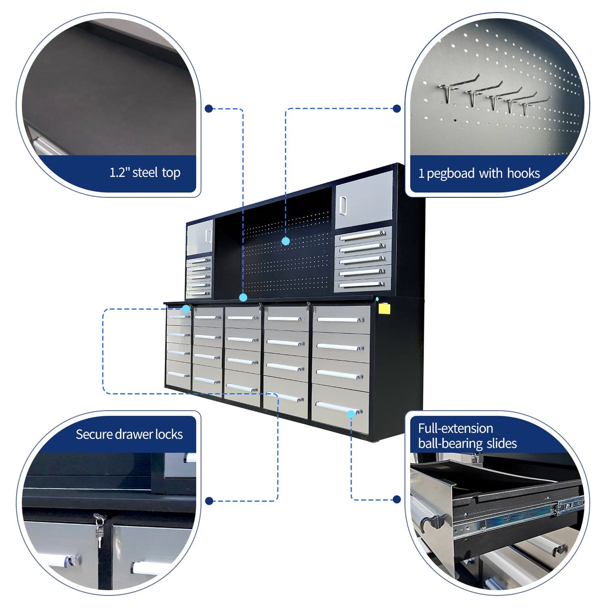 Chery Industrial 10ft Workbench Cabinet (30 Drawers, 2 Cabinets & 1 Pegboard)