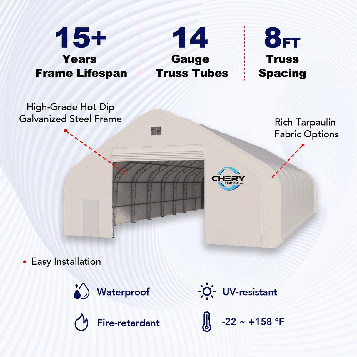 Double Truss Storage Shelter 70′ W × 120′ L × 28′ H