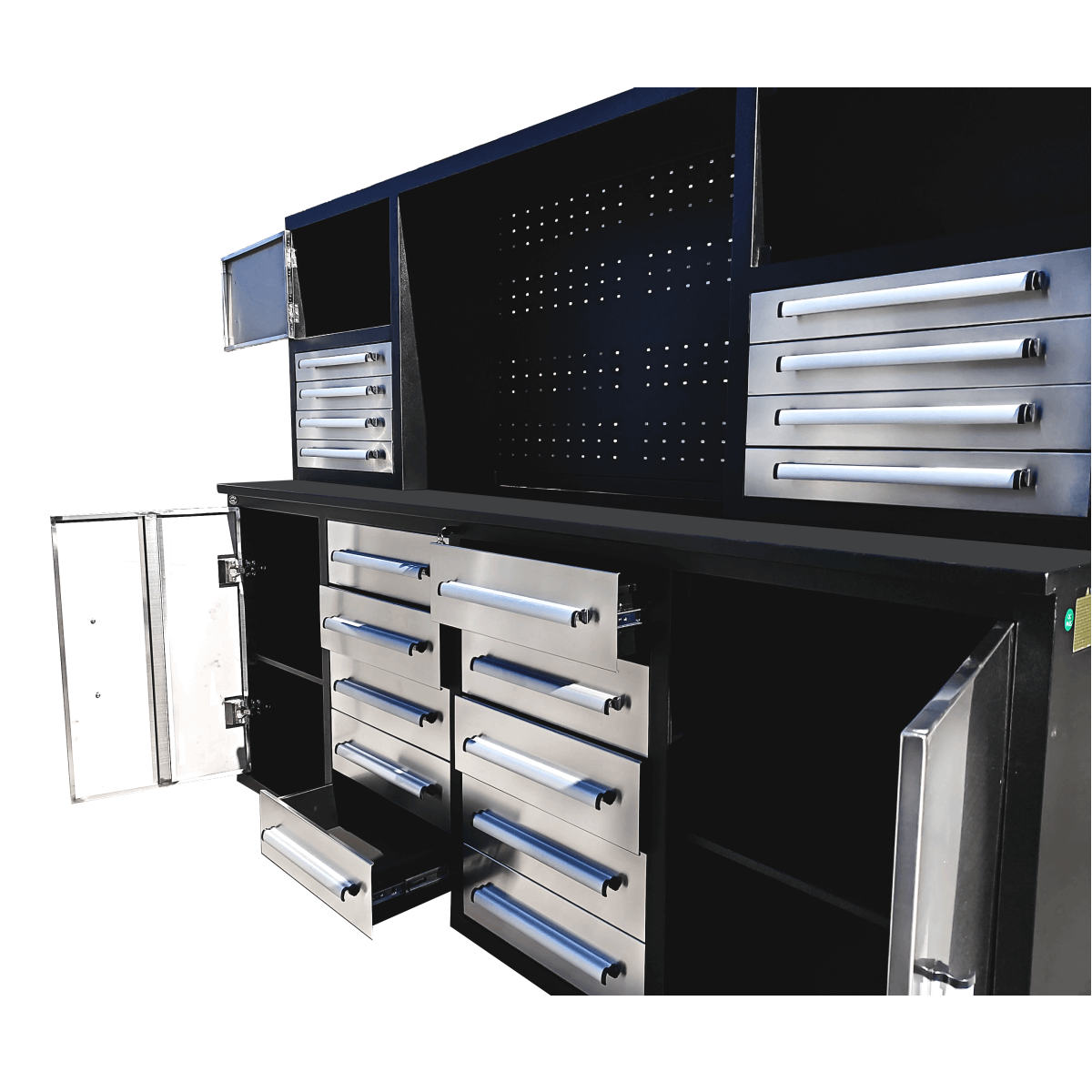 Chery Industrial 7 ft Garage Workbench Cabinet (18 Drawers & 4 Cabinets & Pegboard)