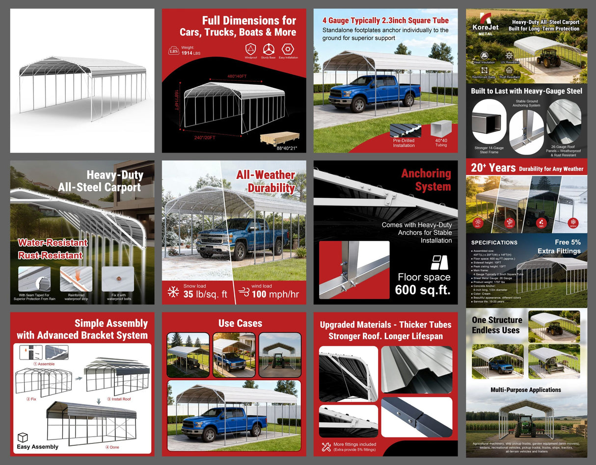 40FT × 20FT Metal Carport Garage Weatherproof Steel Vehicle Shelter