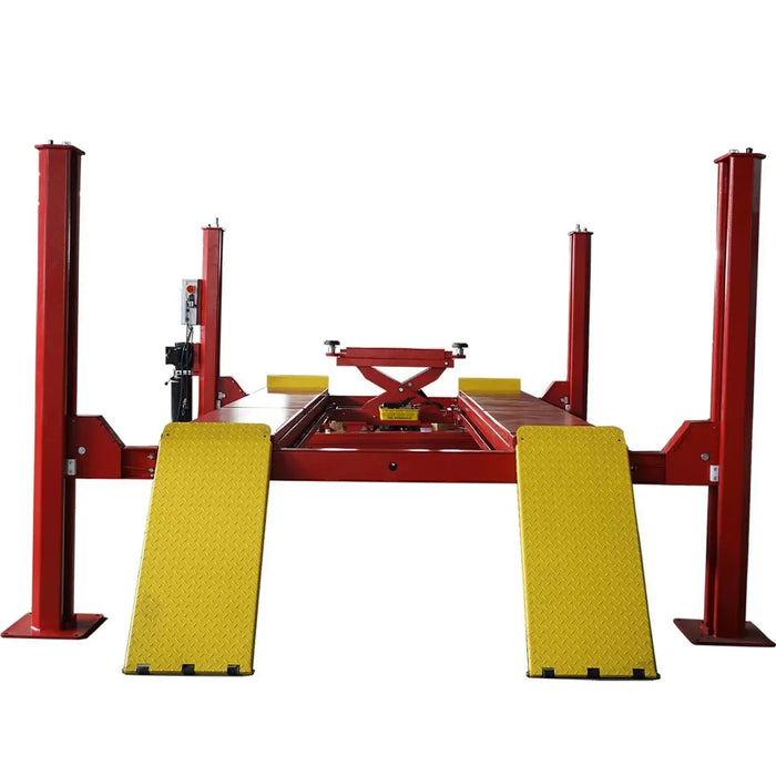 A red and yellow Katool KT-4H150 4-post car lift with ramps, a rolling jack, and turntables on a white background.