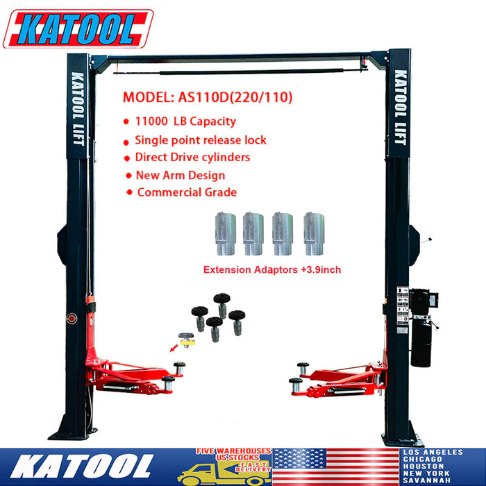 A detailed image of the Katool Model: AS110D 2-post car lift, a commercial-grade unit with an 11,000 lb lifting capacity. The lift is black with red arms, highlighting its direct drive cylinders and single-point release lock for easy operation