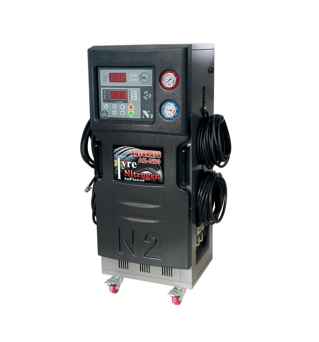 A black and gray Katool KT-N80 Tire Nitrogen Generator with a handle on top and caster wheels. The front panel has a large digital display and several analog gauges, and text on the overlay reads "inflate 4 tires simultaneously at the touch of a button" and "Five Warehouses US stocks Fast delivery".