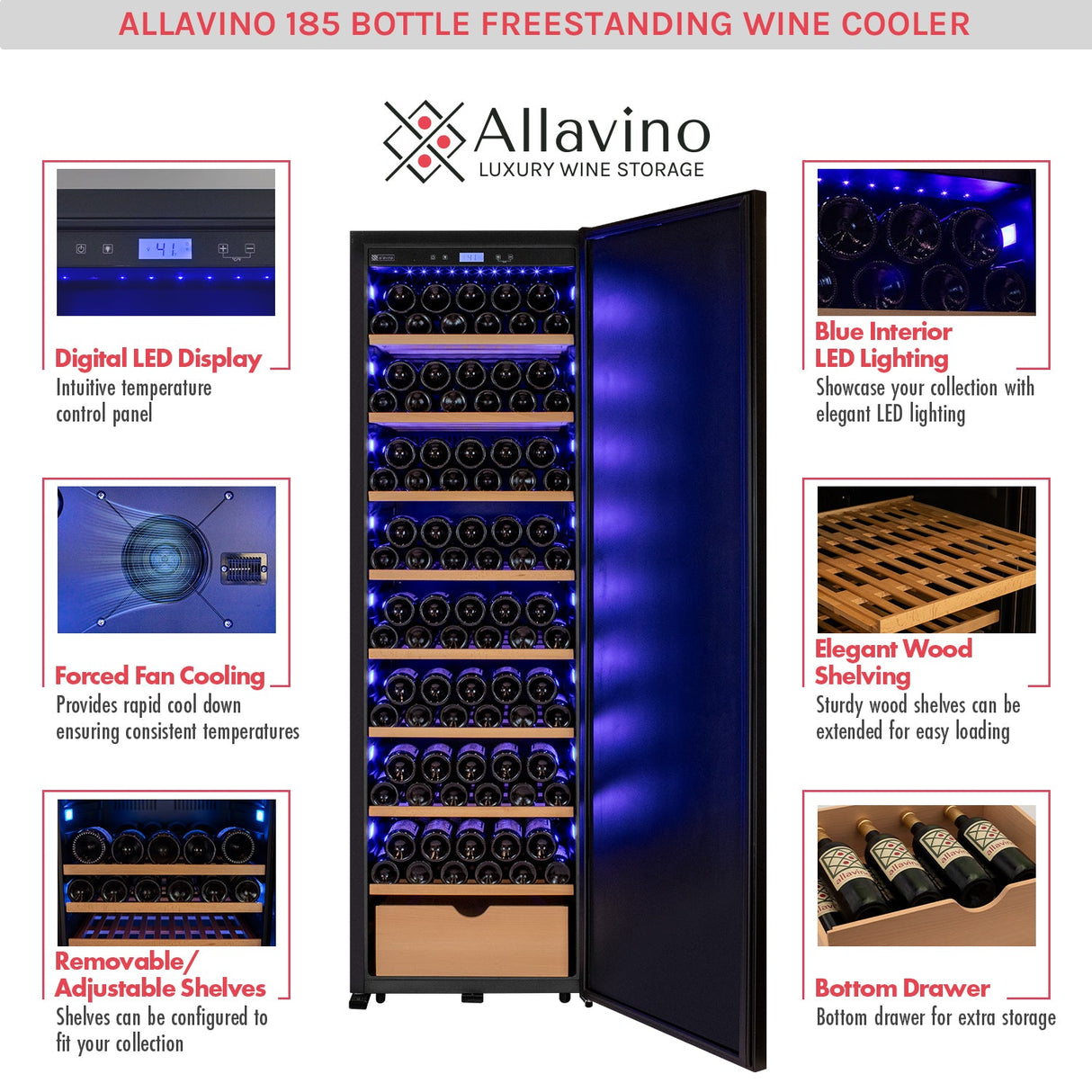 Allavino 76.5" Tall Side-by-Side Wine Vault with Solid Black Doors Dual Zone Wine Refrigerator