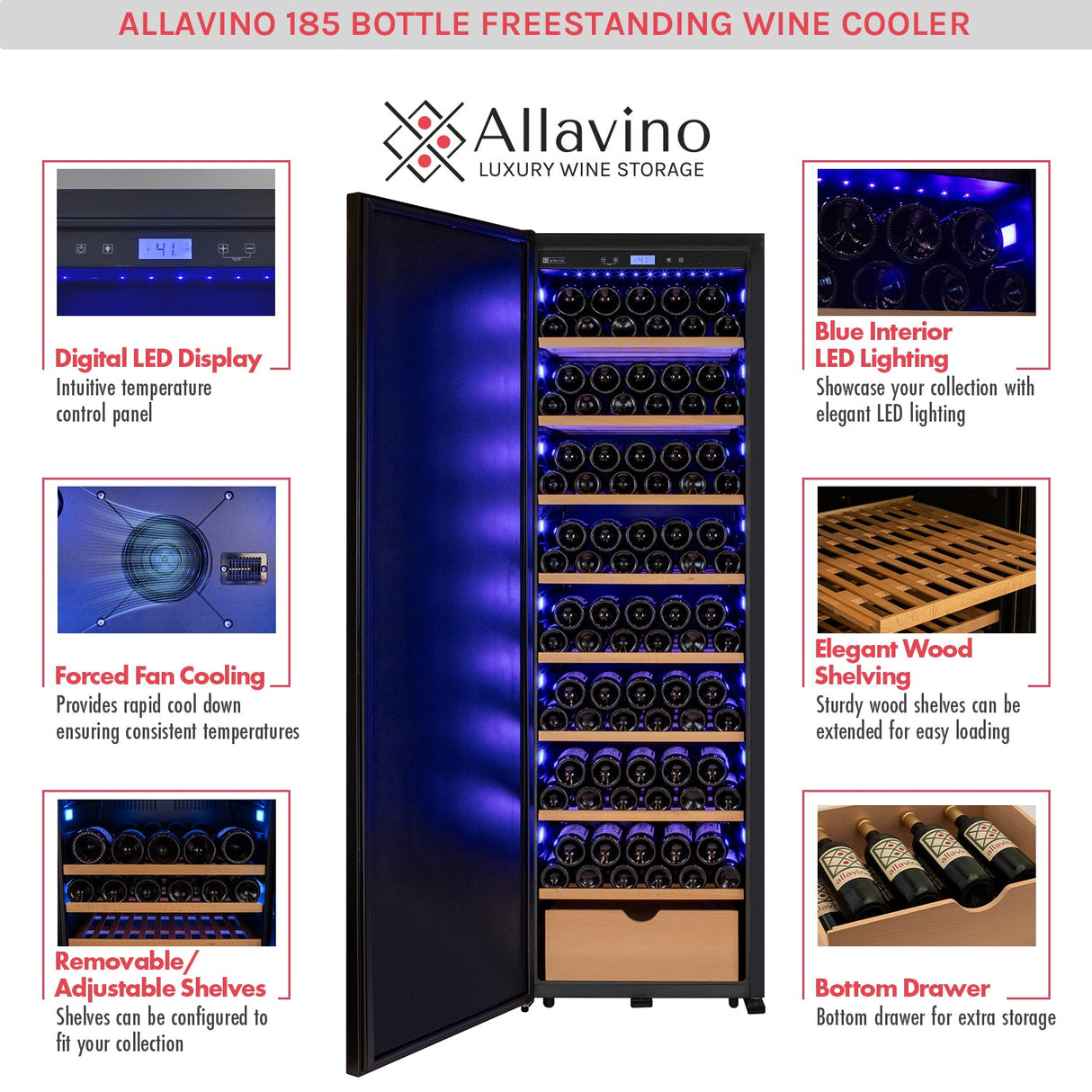 Allavino 76.5″ Tall Single Zone Wine Vault Solid Black Left Hinge Door Wine Refrigerator