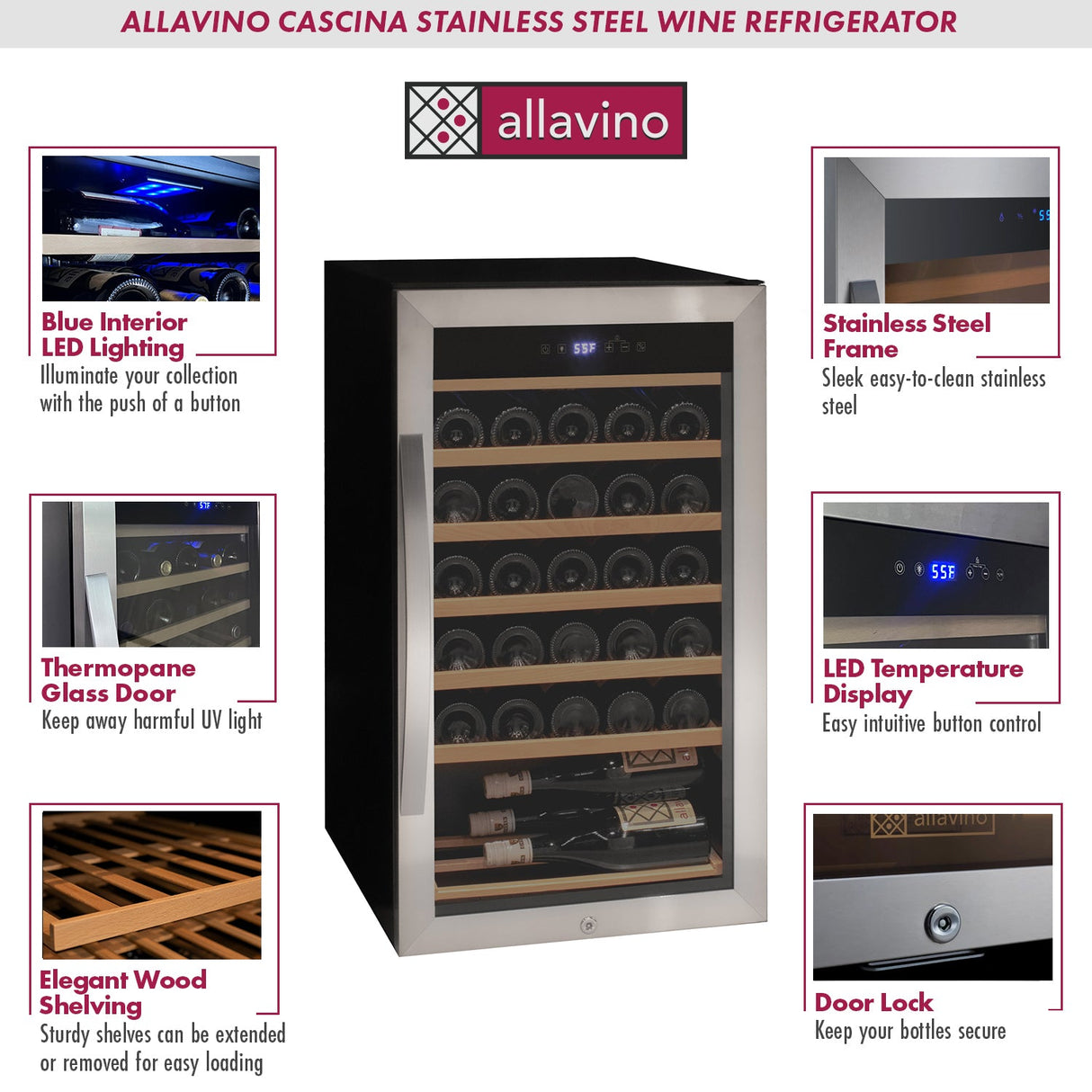 Allavino Cascina Series 33 Bottle Single Zone Freestanding Wine Refrigerator Cooler with Stainless Steel Door Right Hinge KWR33S-1SR