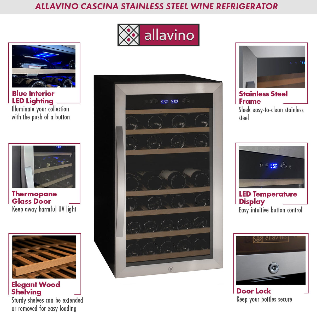 Allavino Cascina Series 43 Bottle Dual Zone Freestanding Wine Refrigerator Cooler with Stainless Steel Door Right Hinge KWR43D-2SR