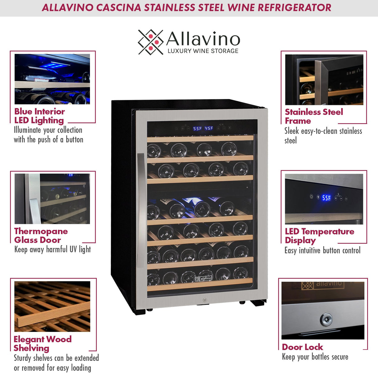 Allavino Cascina Series 47 Bottle Dual Zone Freestanding Wine Cooler Refrigerator with Stainless Steel Door Right Hinge KWR47D-2SR