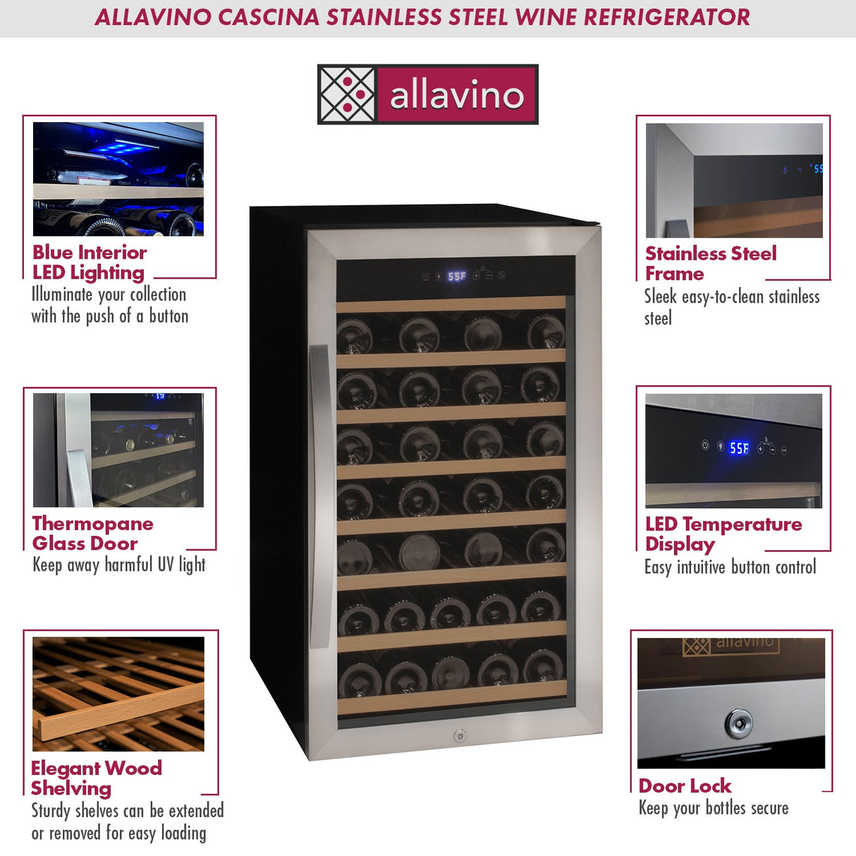 Allavino Cascina Series 50 Bottle Single Zone Freestanding Wine Cooler Refrigerator with Stainless Steel Door Right Hinge KWR50S-1SR
