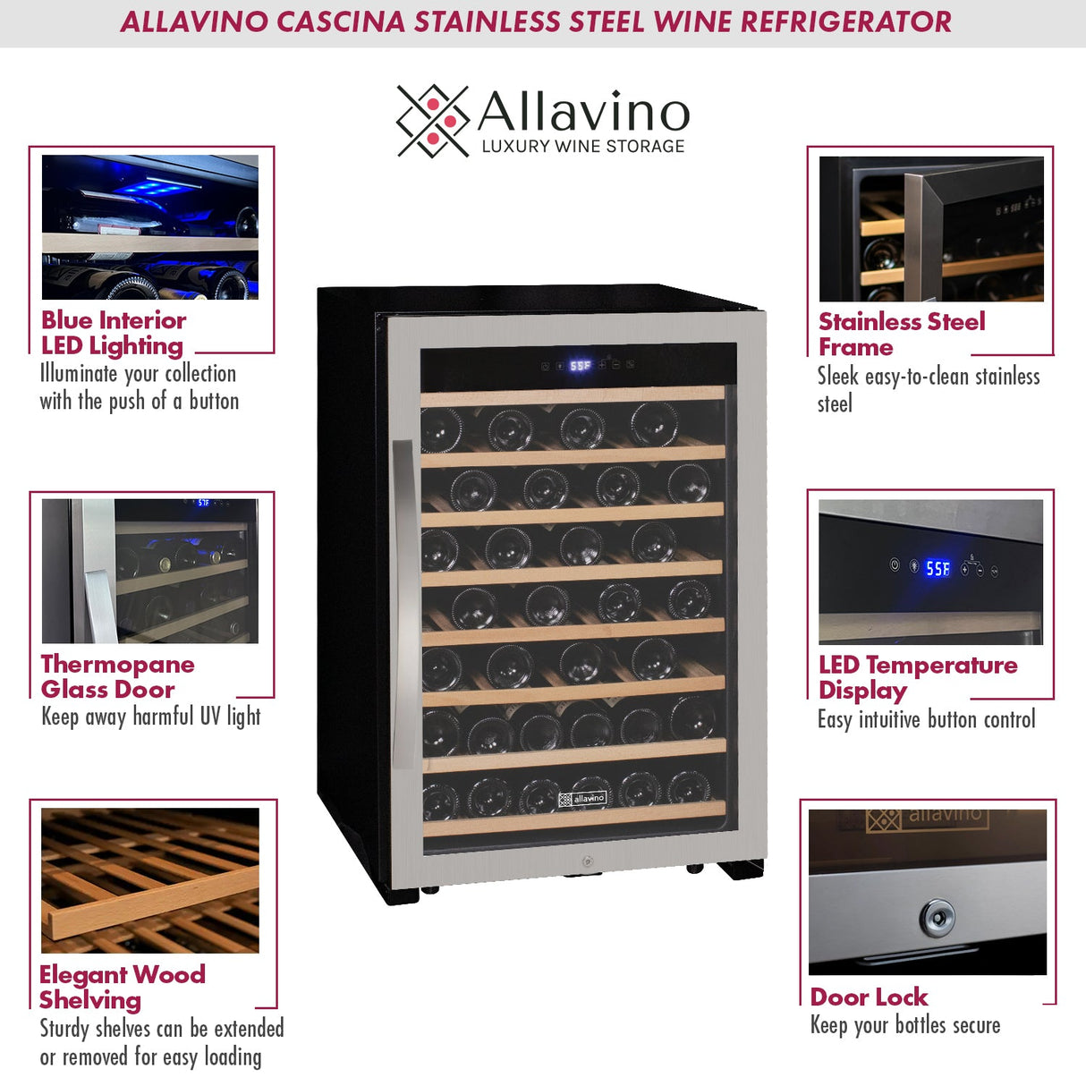 Allavino Contemporary 102 Bottle Single Zone Freestanding Wine Refrigerator with Black Glass Door KWR102S-1BGR