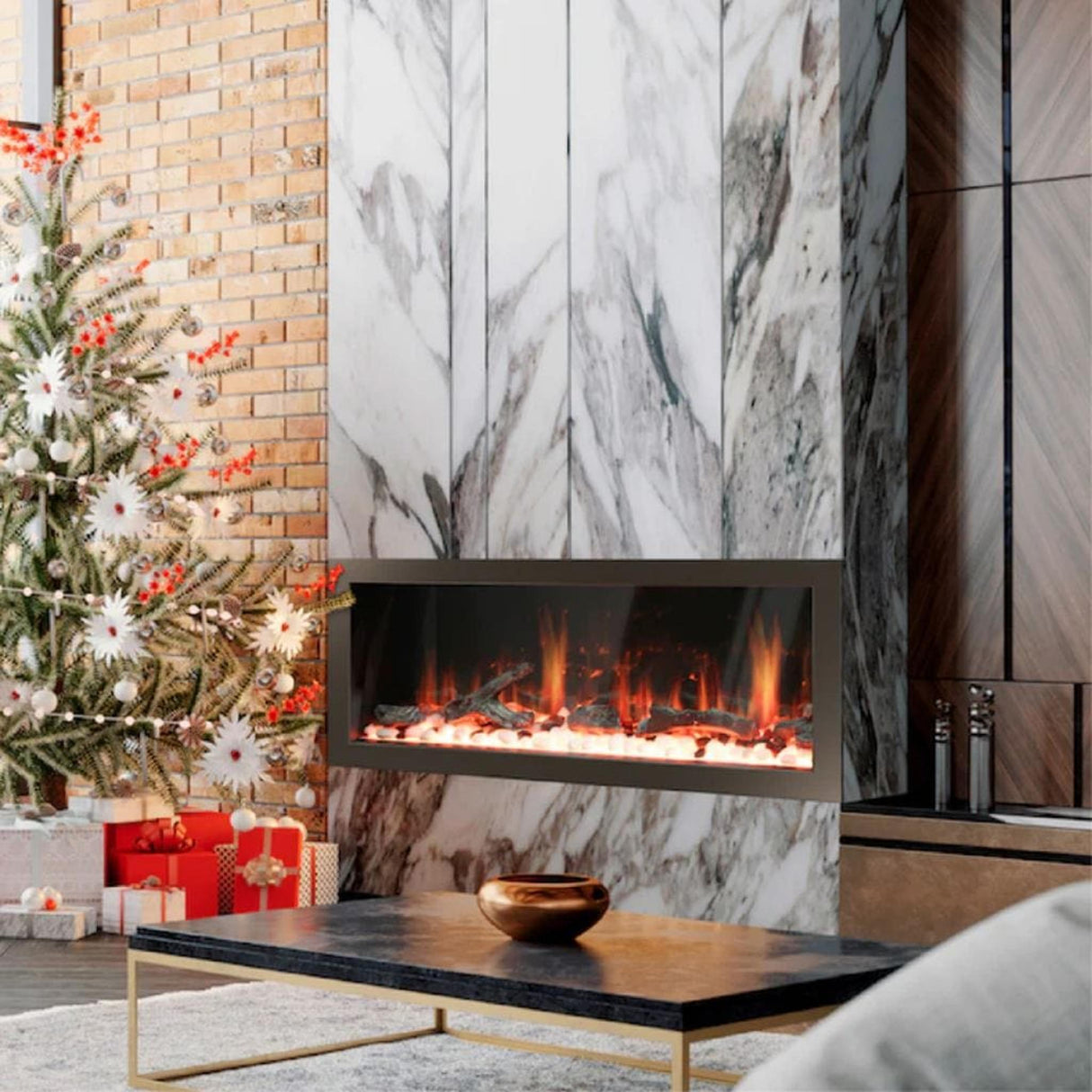 Litedeer Homes Latitude II 68" Smart Electric Fireplace with Multi-flame Style APP Driftwood Log & River Rock ZEF68X