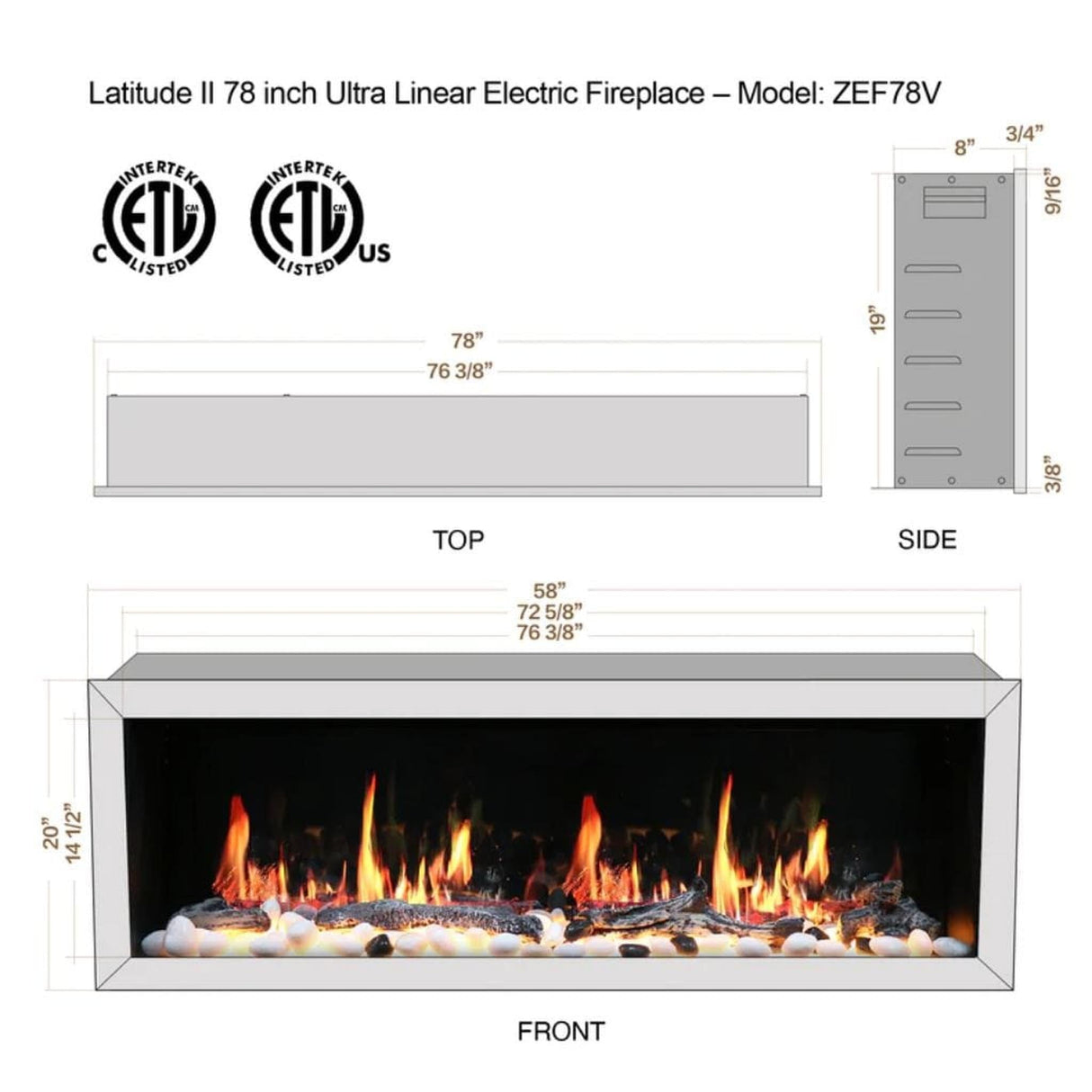 Litedeer Homes 78" Latitude II Push-In Contemporary Smart Linear Vent-Free Built-In Electric Fireplace ZEF78V
