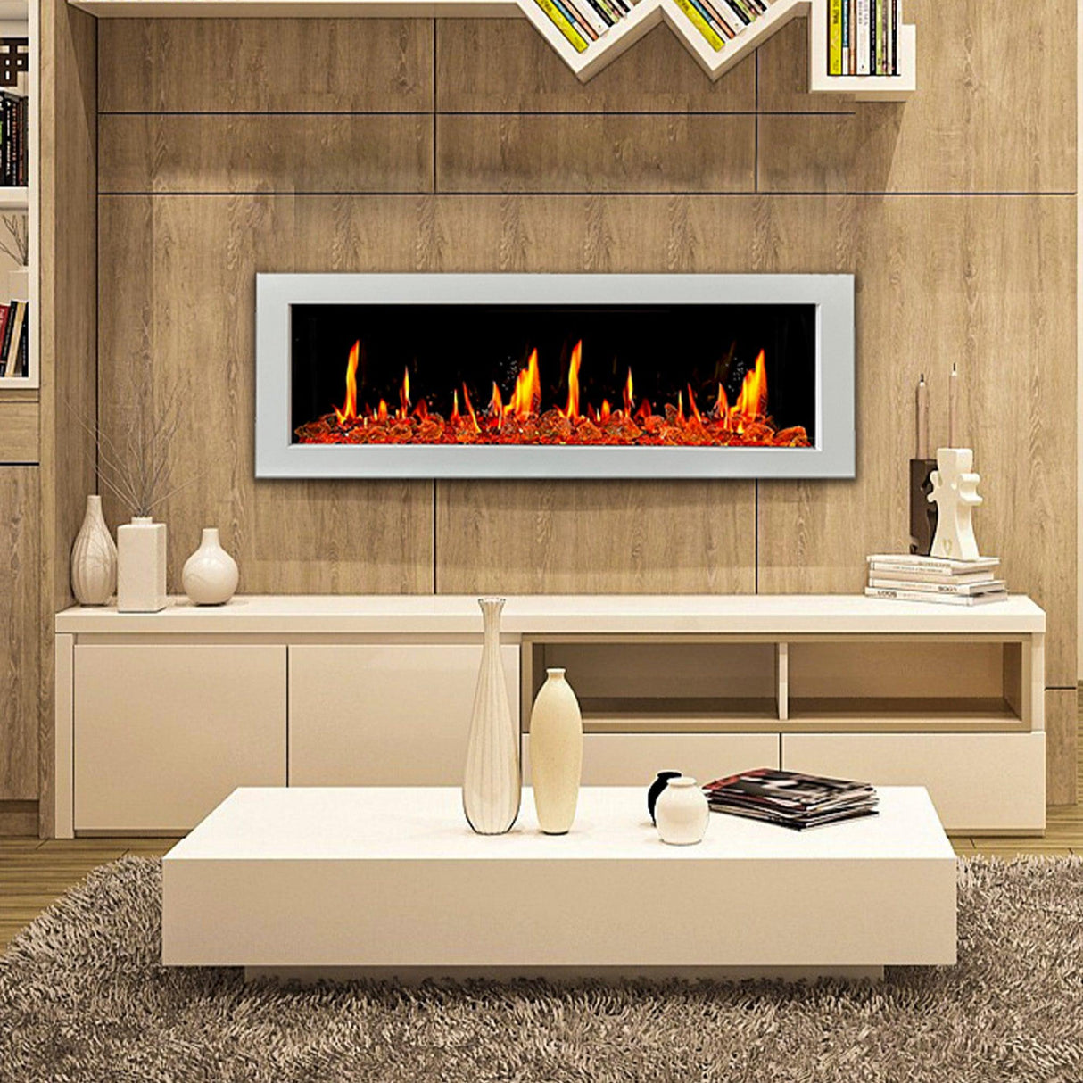 Litedeer Homes Gloria II 58" White Seamless Push-in Wall Mount Electric Fireplace With Crushed Ice Rocks ZEF58VCW