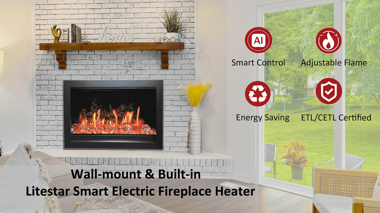 Litedeer Homes LiteStar 38" Black Smart Multi Flame Wall Mount Electric Fireplace Insert With Crushed Ice Rocks ZEF38VC-C