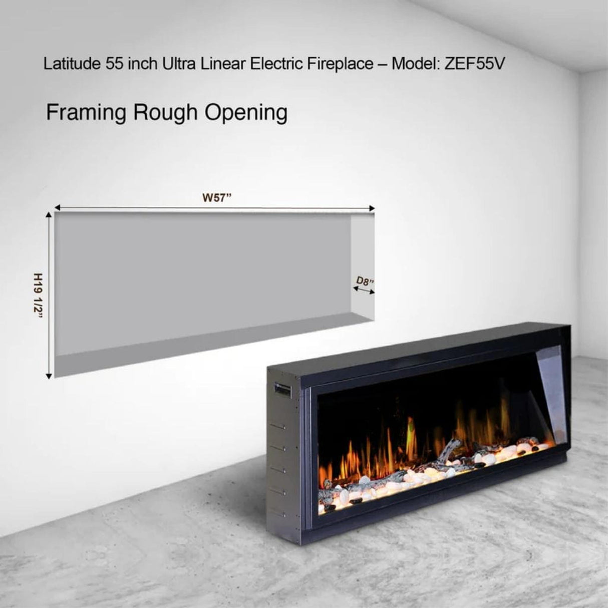 Litedeer Latitude 55" Smart Linear WiFi Enabled Vent-Free Built-In Electric Fireplace With Driftwood Log & River Rock ZEF55V