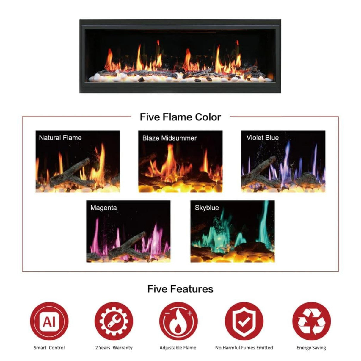 Litedeer Latitude 55" Smart Linear WiFi Enabled Vent-Free Built-In Electric Fireplace With Driftwood Log & River Rock ZEF55V