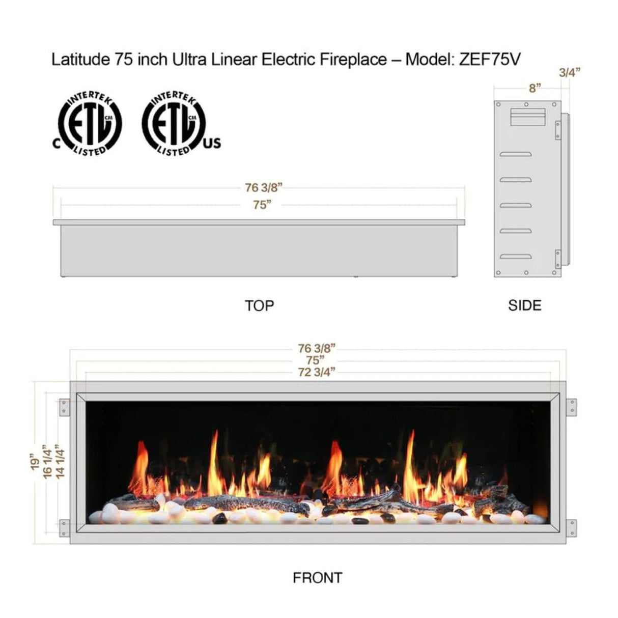 Litedeer Homes Latitude 75" Smart Linear WiFi Enabled Vent-Free Built-In Electric Fireplace With Driftwood Log & River Rock ZEF75V