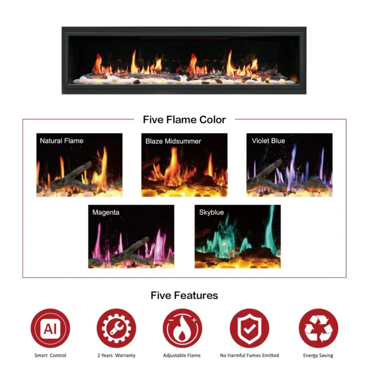 Litedeer Homes Latitude 75" Smart Linear WiFi Enabled Vent-Free Built-In Electric Fireplace With Driftwood Log & River Rock ZEF75V