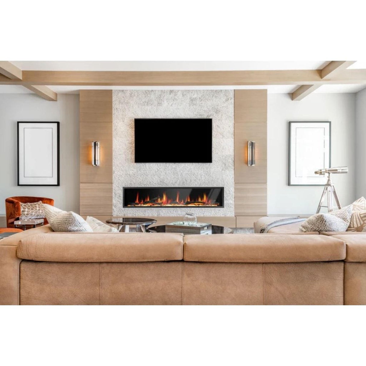 Litedeer Homes Latitude 75" Smart Linear WiFi Enabled Vent-Free Built-In Electric Fireplace With Driftwood Log & River Rock ZEF75V