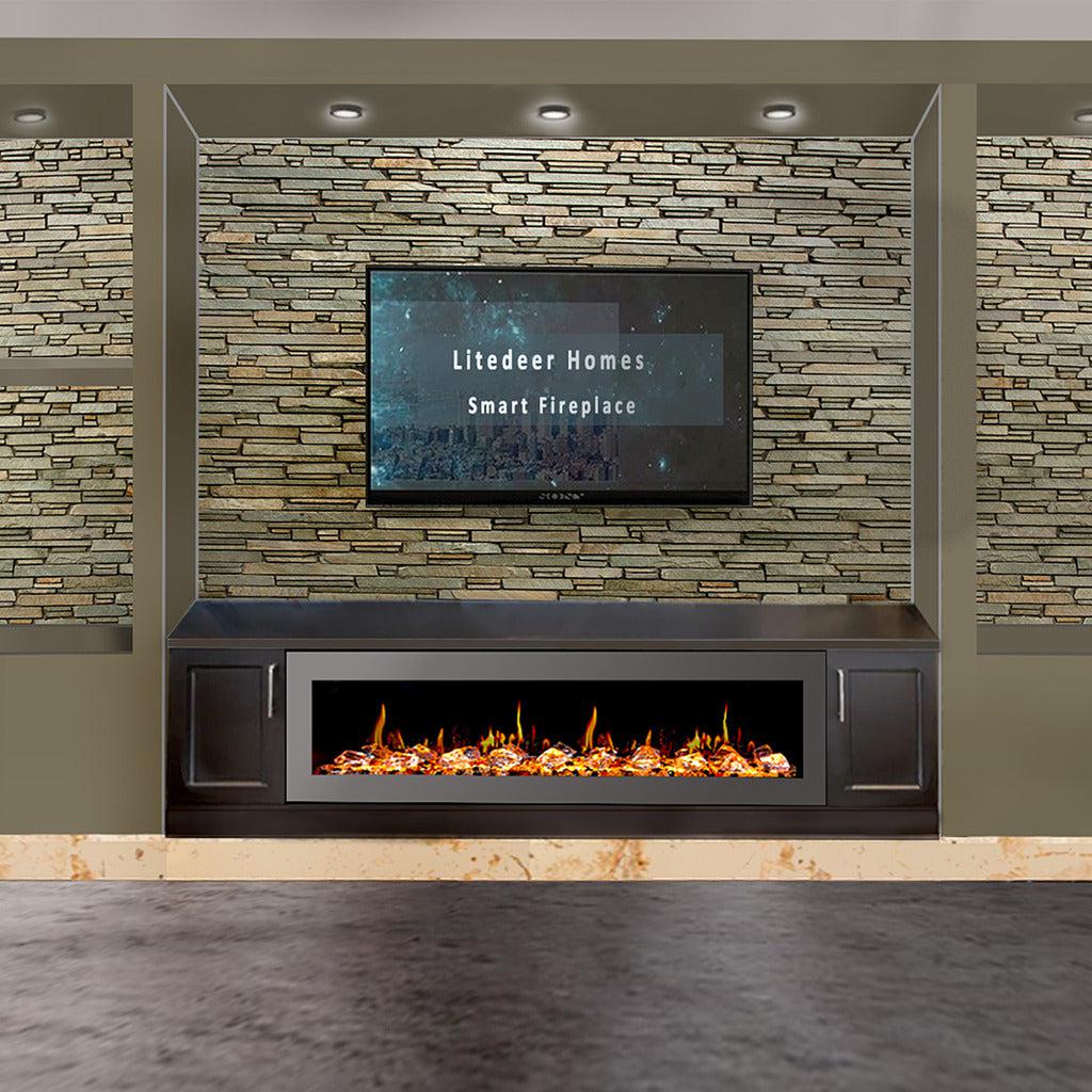 Litedeer Homes Latitude II 68" Smart Wall Mount Electric Fireplace with App Crushed Ice Rocks & Remote ZEF68XC