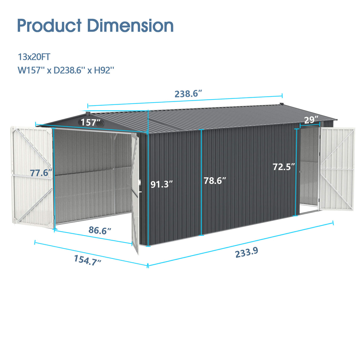 Chery Industrial 13’ x 20’ Metal Storage Shed with Double Front Doors & Side Entry Door