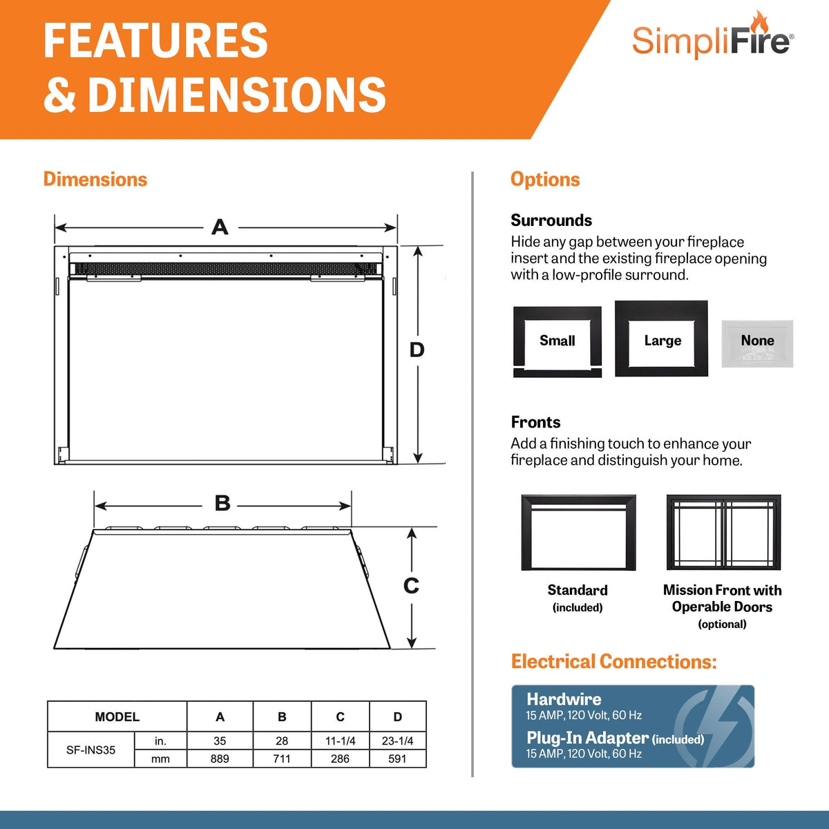 SimpliFire 35-Inch Traditional Electric Fireplace Insert