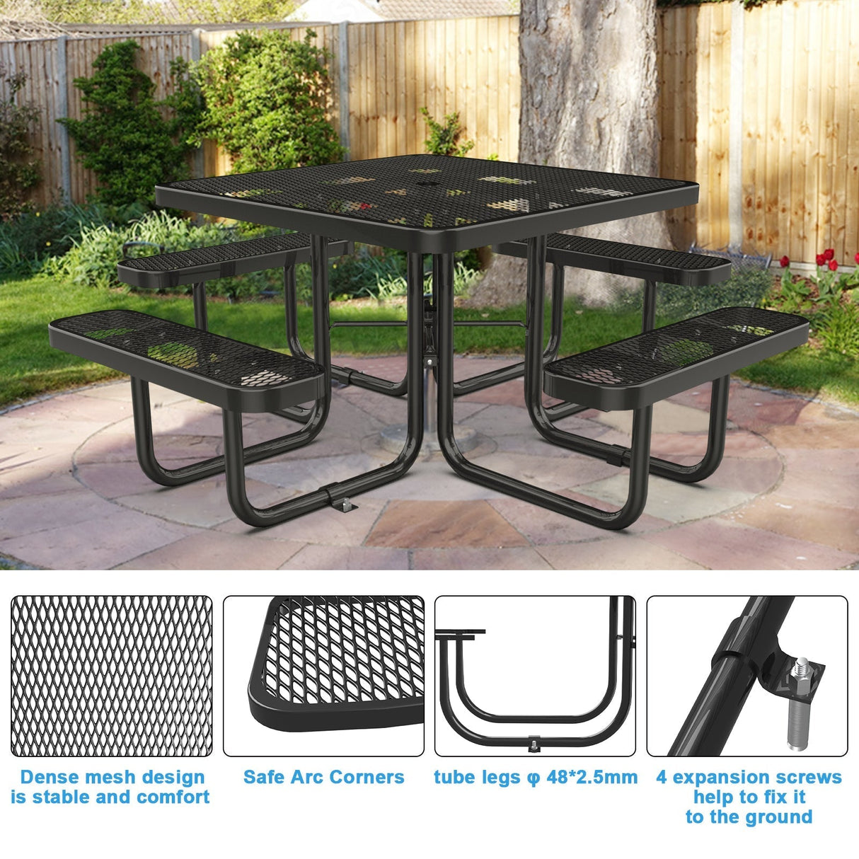 46” Square Metal Picnic Table with Umbrella Hole