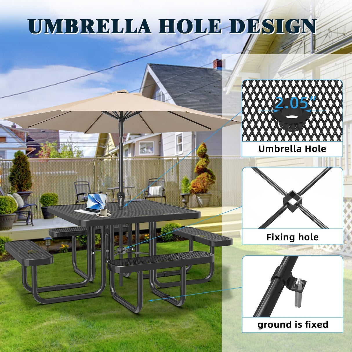 46” Square Metal Picnic Table with Umbrella Hole