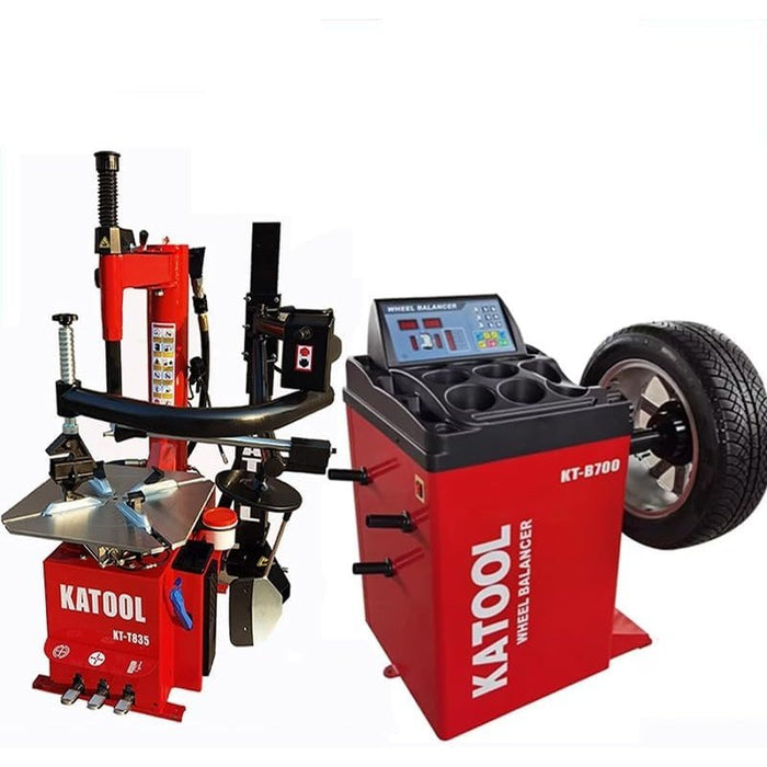 The red Katool T835 Tire Changer with a Bead Seater and the red B700 Wheel Balancer, both sold as a combo package, with a tire mounted on the balancer.