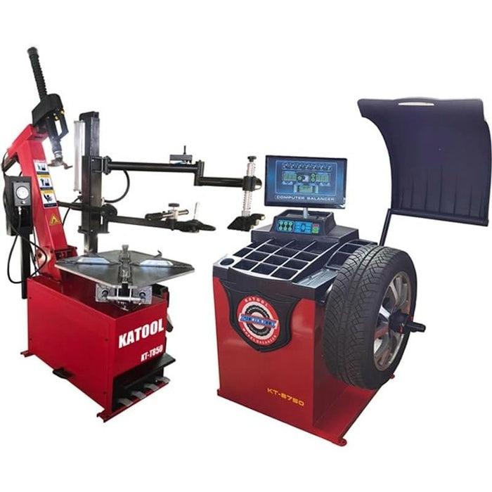 A dynamic duo featuring the red Katool T850 wheel clamp tire changer and its counterpart, the B750 computer wheel balancer. The tire changer stands with its assist arm retracted, while the balancer is shown with a tire mounted on its spindle, both ready for professional use.