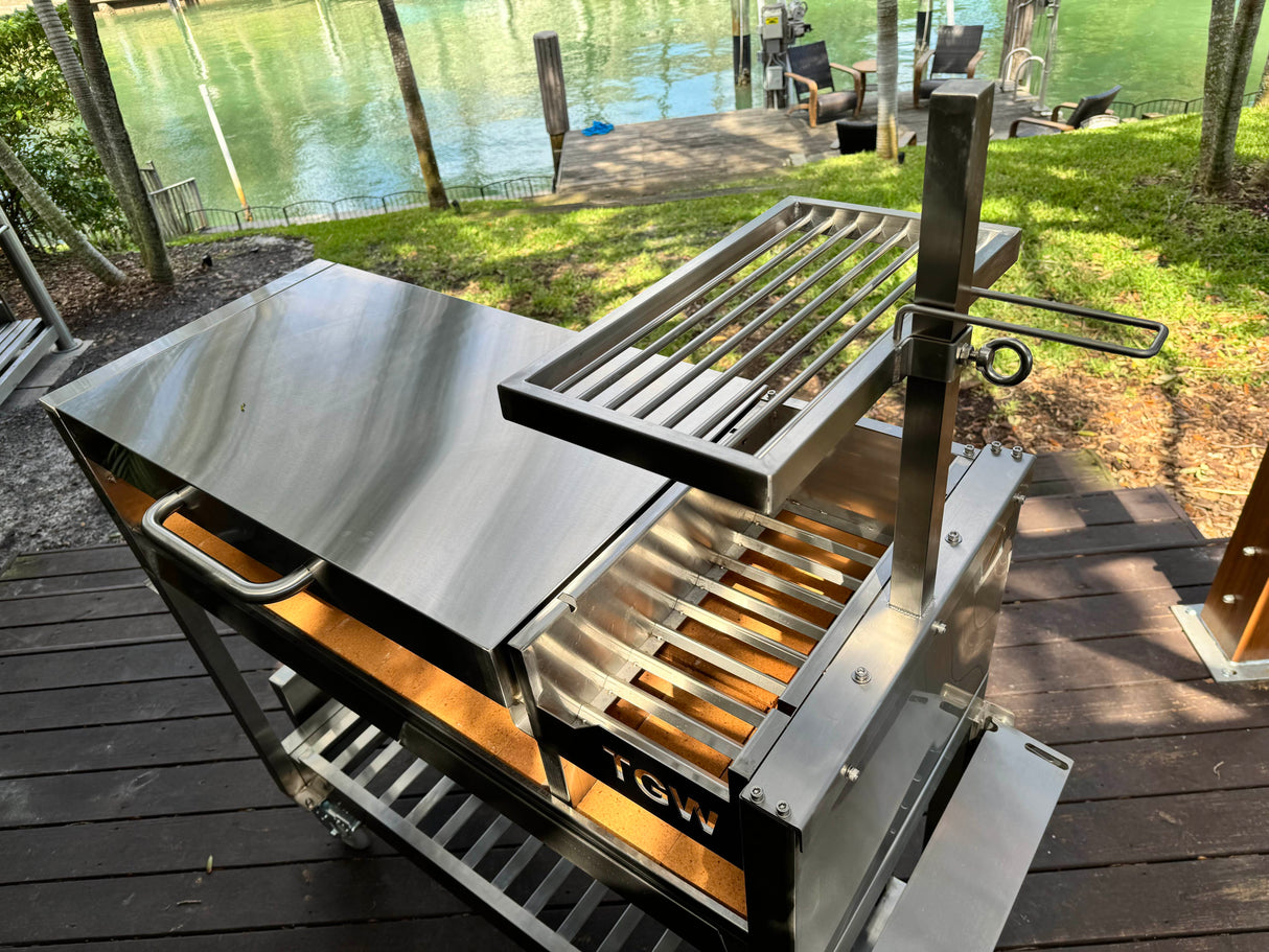 Tagwood BBQ Argentine Wood Fire & Charcoal Gaucho Grill BBQ18SS Stainless Steel Freestanding Grill with Shovel Poker & Heavy-Duty Casters for Mobility PRE-ORDER
