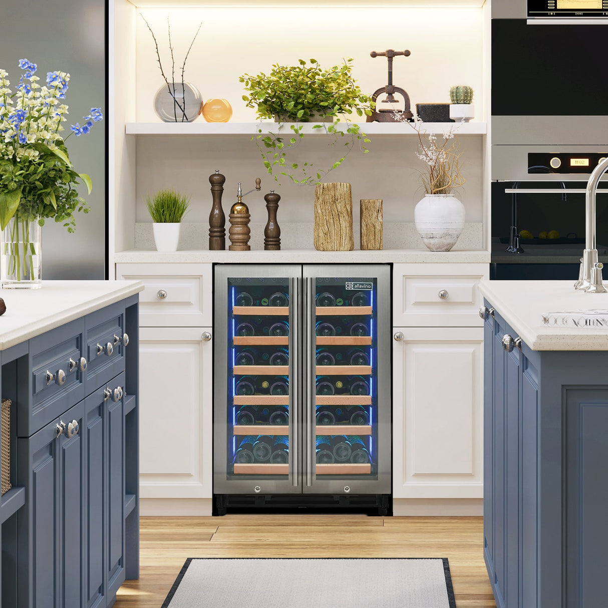 Allavino 24″ Wide FlexCount II Tru‑Vino 36‑Bottle Dual Zone Stainless Steel Wine Refrigerator