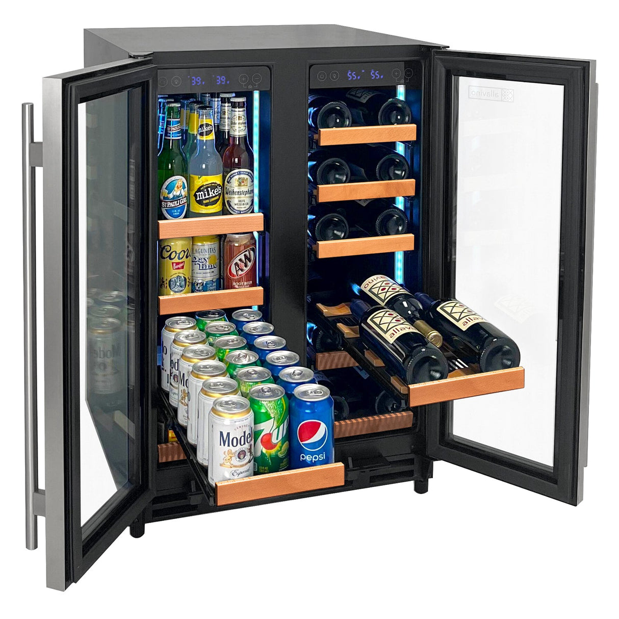 Allavino Reserva Series 24″ Wide Two-Door Stainless Steel Wine Refrigerator & Beverage Center with Wood Front Shelves VSBCW34FD-2SW