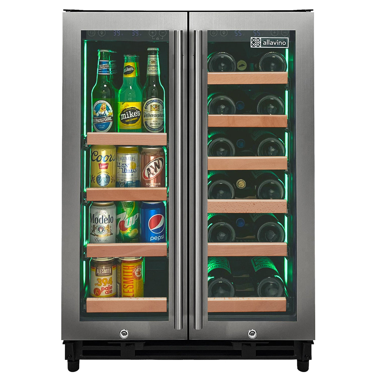 Allavino Reserva Series 24″ Wide Two-Door Stainless Steel Wine Refrigerator & Beverage Center with Wood Front Shelves VSBCW34FD-2SW