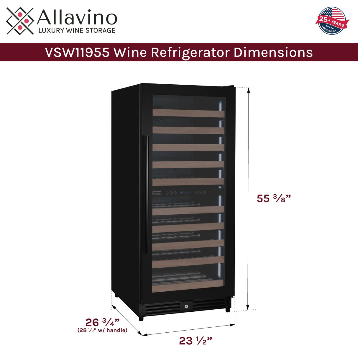 Allavino Reserva Series 119‑Bottle 55″ Semi Tall Dual Zone Right Hinge Black Metal Wine Refrigerator VSW11955D‑2BR