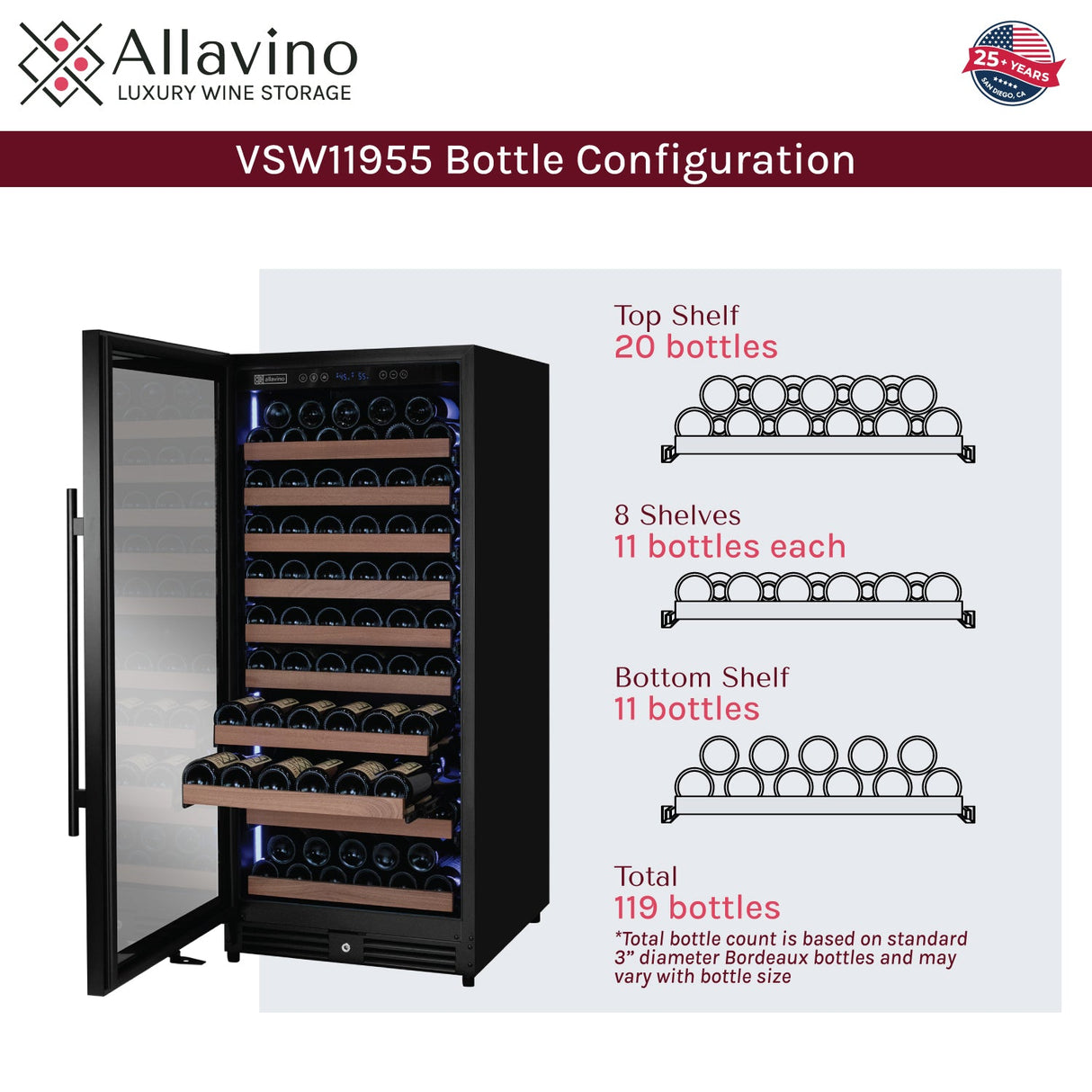Allavino Reserva Series 119‑Bottle 55″ Semi Tall Single Zone Left Hinge Black Metal Wine Refrigerator VSW11955S‑1BL