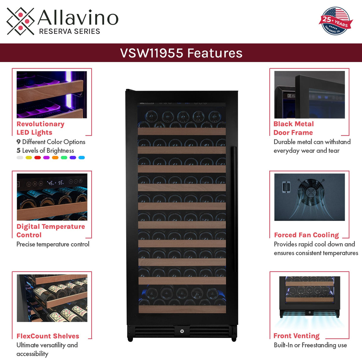 Allavino Reserva Series 119‑Bottle 55″ Semi Tall Single Zone Left Hinge Black Metal Wine Refrigerator VSW11955S‑1BL