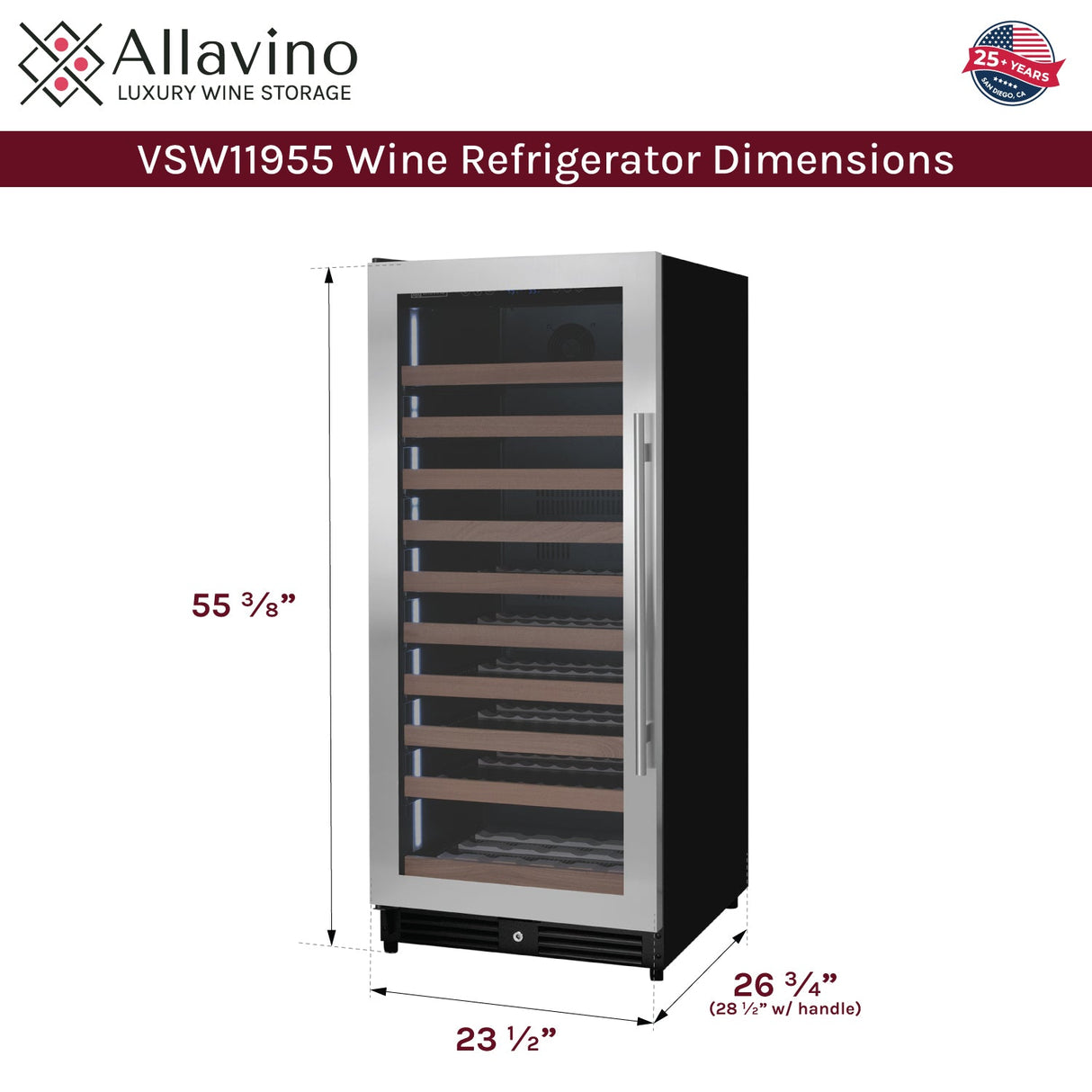 Allavino Reserva Series 119 Bottle 55" Tall Single Zone Left Hinge Stainless Steel Wine Refrigerator